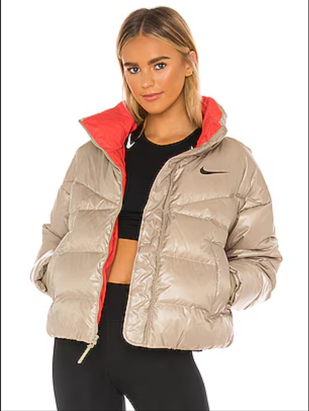 Nike REVOLVE NSW Down Puffer Jacket in Mystic Light Beige with Coral Lining_L